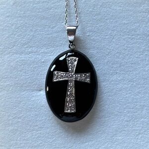 Vintage Black Enamel CZ Cross Sterling Silver Pendant